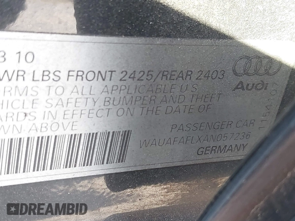 2010 Audi A4 Premium with VIN WAUAFAFLXAN057236, listed as a IAAI auction lot 41903746 with 170,432 mi miles and . Bid and sale history available at DreamBid. Image 9.