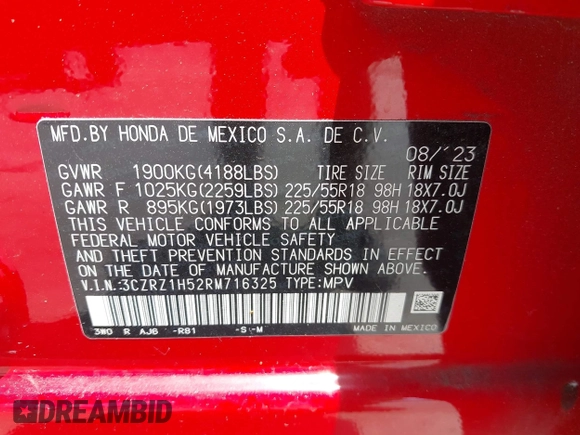 2024 Honda HR-V Sport с VIN 3CZRZ1H52RM716325, выставлен на аукционе IAAI как лот 42378954 с пробегом 12 230 миль миль и . История ставок и продаж доступна на DreamBid. Изображение 9.
