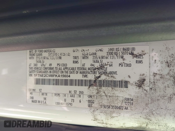 2015 Ford Transit Cargo с VIN 1FTNE2CM8FKA15604, выставлен на аукционе IAAI как лот 42323723 с пробегом 327 745 миль миль и . История ставок и продаж доступна на DreamBid. Изображение 9.