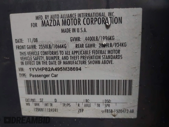 2009 Mazda 6 i Touring with VIN 1YVHP82A495M38694, listed as a IAAI auction lot 41577128 with 230,557 mi miles and . Bid and sale history available at carsss.com. Image 9.