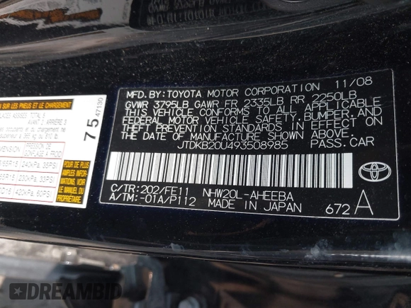 2009 Toyota Prius with VIN JTDKB20U493508985, listed as a IAAI auction lot 41675758 with 96,738 mi miles. Bid and sale history available at carsss.com. Image 9.