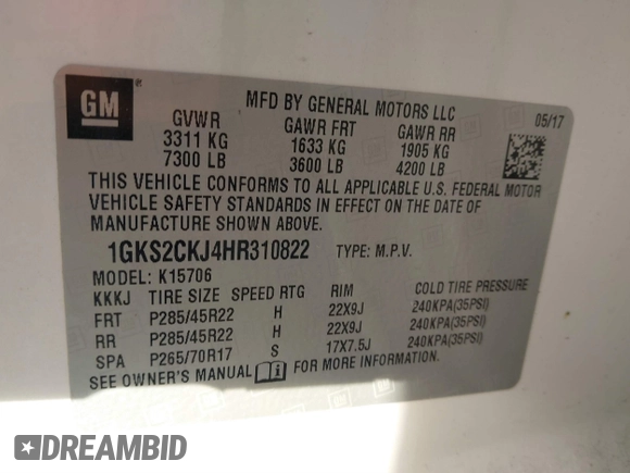 2017 GMC Yukon Denali with VIN 1GKS2CKJ4HR310822, listed as a IAAI auction lot 41666174 with 101,388 mi miles. Bid and sale history available at carsss.com. Image 9.