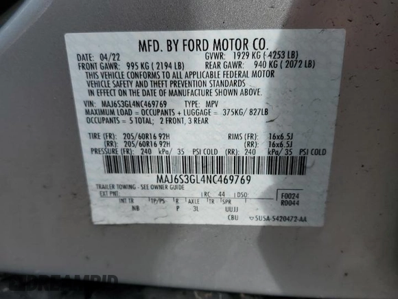 2022 Ford EcoSport SE with VIN MAJ6S3GL4NC469769, listed as a Copart auction lot 51645615 with 22,570 mi miles and Salvage Title. Bid and sale history available at DreamBid. Image 13.