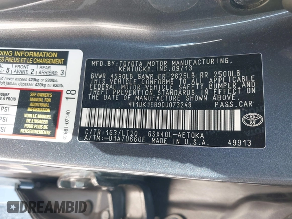 2013 Toyota Avalon XLE with VIN 4T1BK1EB9DU073249, listed as a IAAI auction lot 41780717 with 139,942 mi miles and . Bid and sale history available at DreamBid. Image 9.