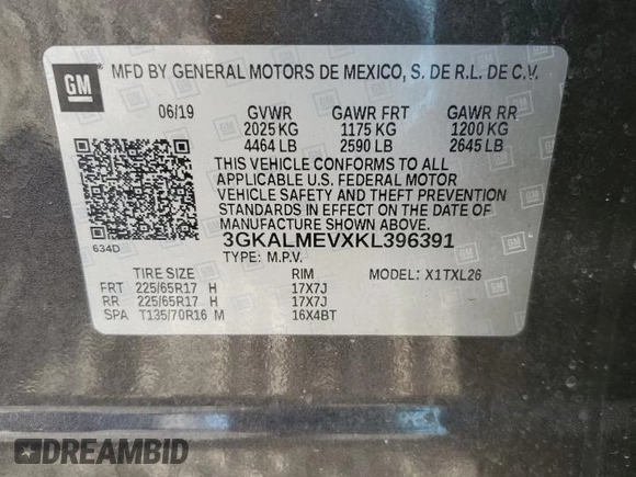 2019 GMC Terrain SLE with VIN 3GKALMEVXKL396391, listed as a Copart auction lot 49317915 with 129,172 mi miles and Salvage Title. Bid and sale history available at DreamBid. Image 13.
