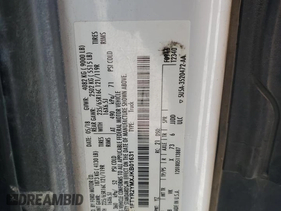 2018 Ford Transit z VIN 1FTYR2YMXJKB01631, wystawiony jako Copart lot #60091905 z przebiegiem 123 157 mil mil oraz Szkoda całkowita • Salvage title. Historia ofert i sprzedaży dostępna na DreamBid. Obrazek 13.