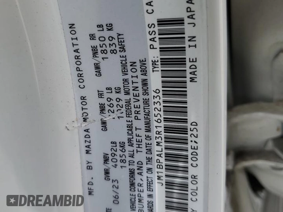 2024 Mazda 3 S Preferred with VIN JM1BPALM3R1652336, listed as a Copart auction lot 63637735 with 6,202 mi miles and Salvage title. Bid and sale history available at DreamBid. Image 13.