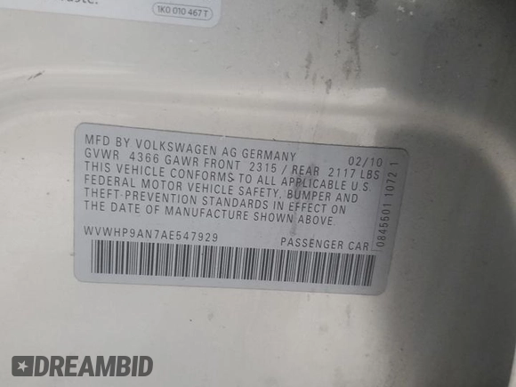 2010 Volkswagen CC with VIN WVWHP9AN7AE547929, listed as a Copart auction lot 88708825 with 158,812 mi miles and Salvage Title. Bid and sale history available at DreamBid. Image 12.