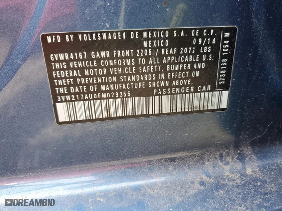 2015 Volkswagen Golf TSI SEL with VIN 3VW217AU0FM029355, listed as a Copart auction lot 51314995 with 95,042 mi miles and Salvage Title. Bid and sale history available at carsss.com. Image 12.