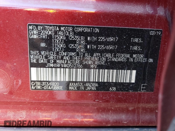 2019 Toyota RAV4 LE with VIN JTMH1RFV4KD512766, listed as a Copart auction lot 44188535 with 84,097 mi miles and Salvage Title. Bid and sale history available at carsss.com. Image 13.