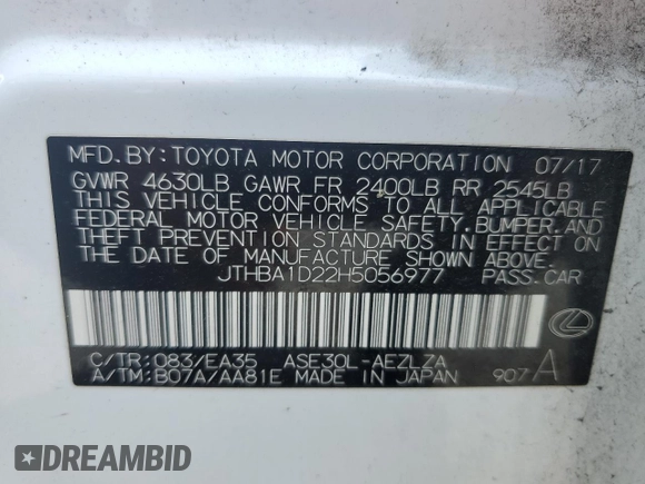 2017 Lexus IS 200t with VIN JTHBA1D22H5056977, listed as a Copart auction lot 58803545 with 77,094 mi miles and Salvage title. Bid and sale history available at DreamBid. Image 13.