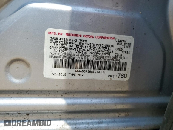 2016 Mitsubishi Outlander SE with VIN JA4AD3A36GZ013709, listed as a Copart auction lot 60262595 with 156,109 mi miles and Salvage title. Bid and sale history available at DreamBid. Image 14.