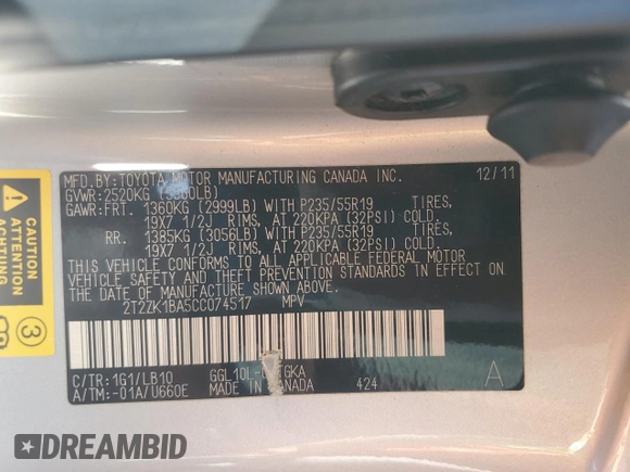2012 Lexus RX 350 z VIN 2T2ZK1BA5CC074517, wystawiony jako Copart lot #59391145 z przebiegiem 130 615 mil mil oraz Szkoda całkowita • Salvage title. Historia ofert i sprzedaży dostępna na DreamBid. Obrazek 13.