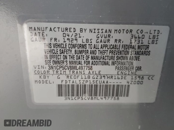 2021 Nissan Kicks SV with VIN 3N1CP5CV8ML497758, listed as a Copart auction lot 46814795 with 52,813 mi miles and Salvage Title. Bid and sale history available at carsss.com. Image 13.