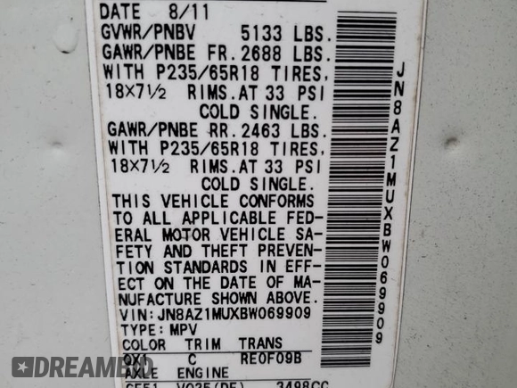 2011 Nissan Murano S with VIN JN8AZ1MUXBW069909, listed as a Copart auction lot 84264254 with 211,608 mi miles and Salvage Title. Bid and sale history available at carsss.com. Image 13.