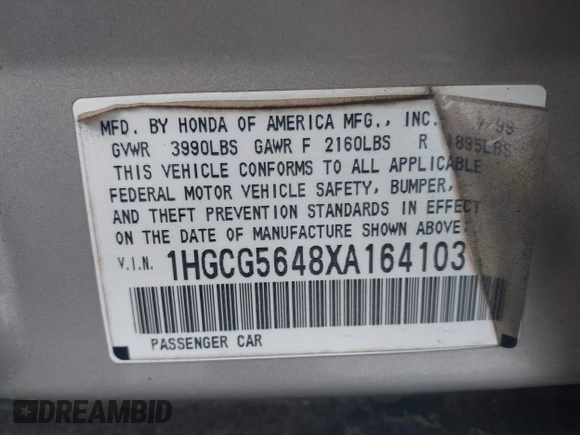 1999 Honda Accord LX z VIN 1HGCG5648XA164103, wystawiony jako IAAI lot #42020624 z przebiegiem 244 346 mil mil oraz . Historia ofert i sprzedaży dostępna na DreamBid. Obrazek 9.