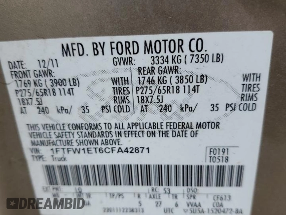 2012 Ford F-150 XL с VIN 1FTFW1ET6CFA42871, выставлен на аукционе Copart как лот 45657024 с пробегом 164 535 миль миль и Списание • Salvage title. История ставок и продаж доступна на DreamBid. Изображение 12.