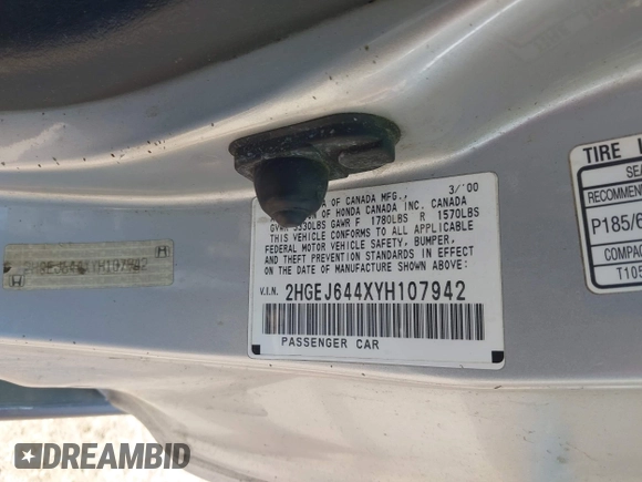 2000 Honda Civic DX z VIN 2HGEJ644XYH107942, wystawiony jako IAAI lot #42456676 z przebiegiem 207 275 mil mil oraz . Historia ofert i sprzedaży dostępna na DreamBid. Obrazek 9.
