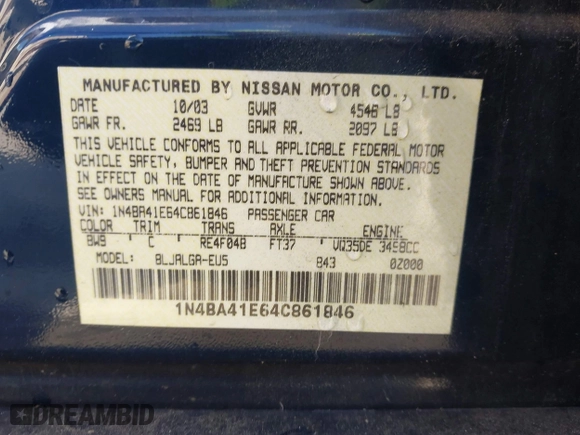 2004 Nissan Maxima SL with VIN 1N4BA41E64C861846, listed as a IAAI auction lot 41911687 with 218,668 mi miles. Bid and sale history available at carsss.com. Image 9.