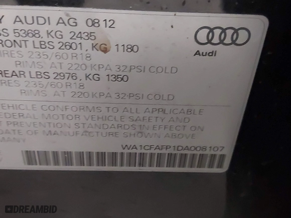 2013 Audi Q5 Premium with VIN WA1CFAFP1DA008107, listed as a IAAI auction lot 40847282 with 168,183 mi miles. Bid and sale history available at carsss.com. Image 9.