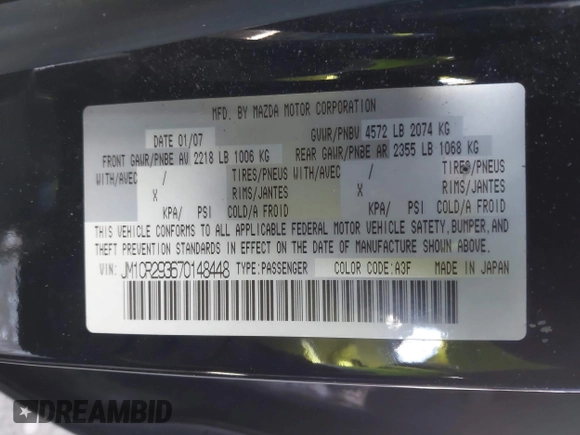 2007 Mazda 5 Touring with VIN JM1CR293670148448, listed as a IAAI auction lot 41345958 with 80,322 mi miles and . Bid and sale history available at DreamBid. Image 8.
