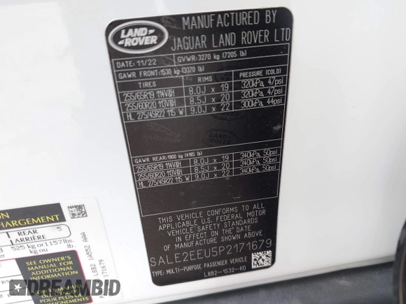2023 Land Rover Defender X-Dynamic SE with VIN SALE2EEU5P2171679, listed as a IAAI auction lot 42083228 with 14,759 mi miles and . Bid and sale history available at DreamBid. Image 9.