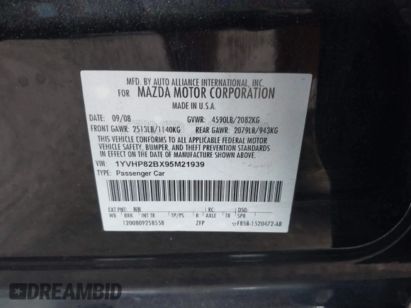 2009 Mazda 6 S Grand Touring with VIN 1YVHP82BX95M21939, listed as a IAAI auction lot 41527269 with 154,544 mi miles and . Bid and sale history available at DreamBid. Image 9.