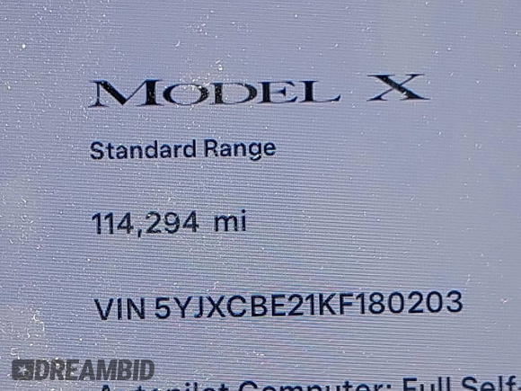 2019 Tesla Model X 75D with VIN 5YJXCBE21KF180203, listed as a IAAI auction lot 42190255 with 114,294 mi miles and . Bid and sale history available at DreamBid. Image 15.
