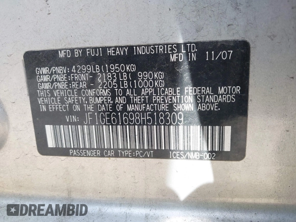 2008 Subaru Impreza i with VIN JF1GE61698H518309, listed as a IAAI auction lot 42296997 with 265,607 mi miles and . Bid and sale history available at DreamBid. Image 9.