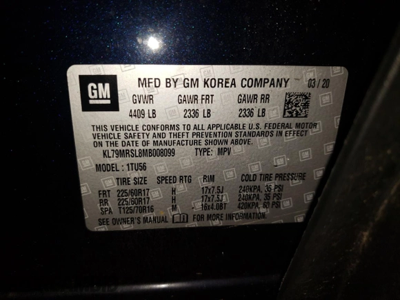 2021 Chevrolet TrailBlazer LT with VIN KL79MRSL8MB008099, listed as a Copart auction lot 70017642 with 18,979 mi miles. Bid and sale history available at carsss.com. Image 13.