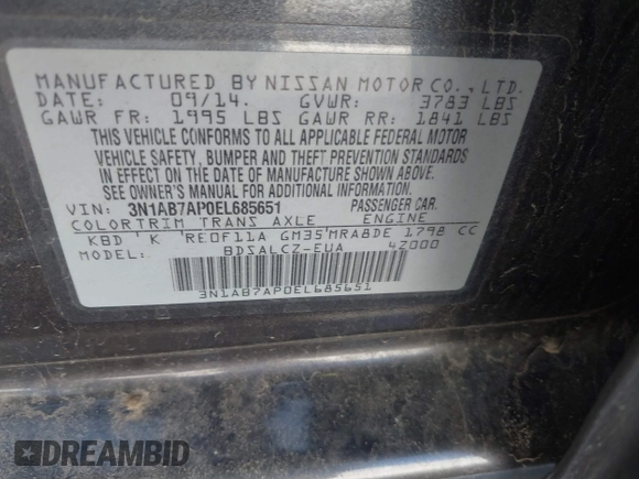 2014 Nissan Sentra S with VIN 3N1AB7AP0EL685651, listed as a IAAI auction lot 42179794 with 133,260 mi miles and . Bid and sale history available at DreamBid. Image 9.