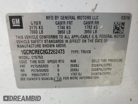 2016 Chevrolet Silverado 1500 LT with VIN 1GCRCREC8GZ262473, listed as a Copart auction lot 53629305 with 135,586 mi miles and Salvage Title. Bid and sale history available at DreamBid. Image 10.