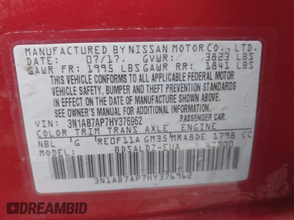 2017 Nissan Sentra SR with VIN 3N1AB7AP7HY376962, listed as a IAAI auction lot 42118874 with 135,232 mi miles and . Bid and sale history available at DreamBid. Image 9.