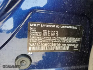 2016 BMW 6 Series 640i xDrive with VIN WBA6D2C55GGT65564, listed as a Copart auction lot 62801502 with 0 mi miles. Bid and sale history available at carsss.com. Image 10.