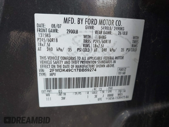 2007 Ford Edge SEL PLUS with VIN 2FMDK49C17BB59274, listed as a IAAI auction lot 42114440 with 224,208 mi miles. Bid and sale history available at carsss.com. Image 9.