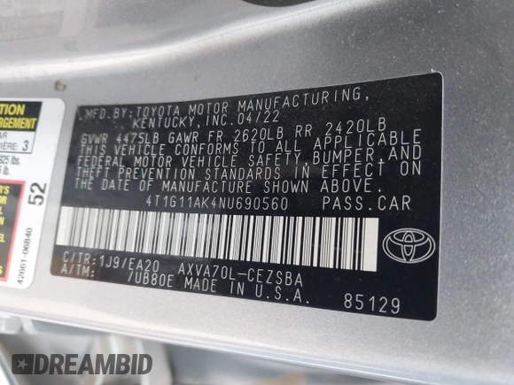 2022 Toyota Camry SE z VIN 4T1G11AK4NU690560, wystawiony jako IAAI lot #42183738 z przebiegiem 53 706 mil mil oraz . Historia ofert i sprzedaży dostępna na DreamBid. Obrazek 9.