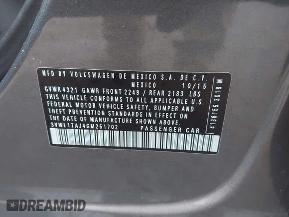 2016 Volkswagen Jetta Sedan 1.8T SEL with VIN 3VWL17AJ4GM251702, listed as a IAAI auction lot 41924085 with 93,605 mi miles. Bid and sale history available at carsss.com. Image 9.