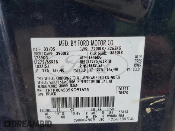 2005 Ford F-150 XLT with VIN 1FTPX04535KD91625, listed as a Copart auction lot 47796825 with 155,039 mi miles and Clean title. Bid and sale history available at DreamBid. Image 12.