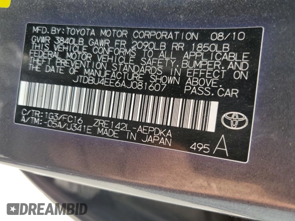 2010 Toyota Corolla with VIN JTDBU4EE6AJ081607, listed as a Copart auction lot 61097275 with 129,131 mi miles and Salvage title. Bid and sale history available at DreamBid. Image 13.