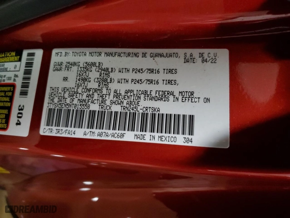 2022 Toyota Tacoma 4WD SR with VIN 3TYSX5EN5NT015558, listed as a Copart auction lot 49376505 with 26,462 mi miles and Salvage Title. Bid and sale history available at carsss.com. Image 12.