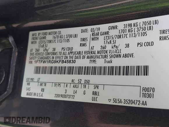 2019 Ford F-150 Raptor with VIN 1FTFW1RG9KFB45830, listed as a IAAI auction lot 41602022 with 136,401 mi miles. Bid and sale history available at carsss.com. Image 9.