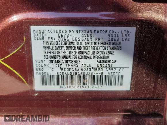 2024 Nissan Sentra SV with VIN 3N1AB8CV1RY382632, listed as a Copart auction lot 55803925 with 14,721 mi miles and Salvage title. Bid and sale history available at DreamBid. Image 12.