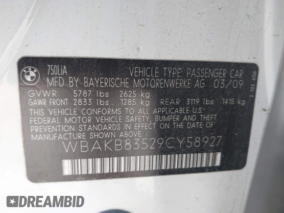 2009 BMW 7 Series 750Li с VIN WBAKB83529CY58927, выставлен на аукционе IAAI как лот 42356768 с пробегом 123 883 миль миль и . История ставок и продаж доступна на DreamBid. Изображение 9.