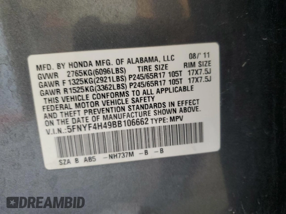 2011 Honda Pilot EX with VIN 5FNYF4H49BB106662, listed as a Copart auction lot 48702105 with 231,697 mi miles and Salvage Title. Bid and sale history available at DreamBid. Image 13.