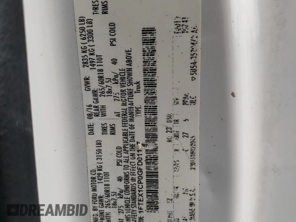2016 Ford F-150 XL z VIN 1FTEX1CP0GFD01147, wystawiony jako Copart lot #56168965 z przebiegiem 147 118 mil mil oraz Szkoda całkowita • Salvage title. Historia ofert i sprzedaży dostępna na DreamBid. Obrazek 13.