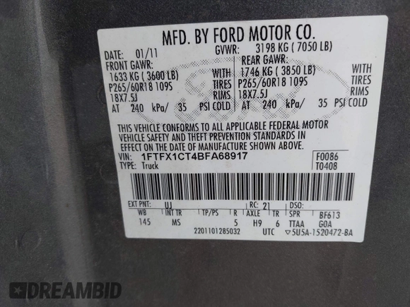 2011 Ford F-150 XL with VIN 1FTFX1CT4BFA68917, listed as a IAAI auction lot 42764859 with 239,847 mi miles and . Bid and sale history available at DreamBid. Image 9.