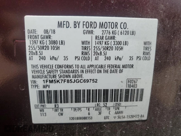 2018 Ford Explorer Limited with VIN 1FM5K7F85JGC69752, listed as a Copart auction lot 55360265 with 92,877 mi miles and Salvage title. Bid and sale history available at DreamBid. Image 14.