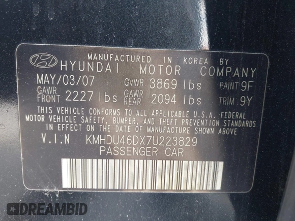 2007 Hyundai Elantra GLS with VIN KMHDU46DX7U223829, listed as a IAAI auction lot 42010736 with 140,201 mi miles and . Bid and sale history available at DreamBid. Image 9.