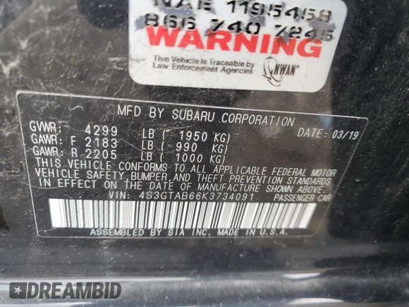 2019 Subaru Impreza with VIN 4S3GTAB66K3734091, listed as a Copart auction lot 76927024 with 128,778 mi miles and Salvage title. Bid and sale history available at DreamBid. Image 12.