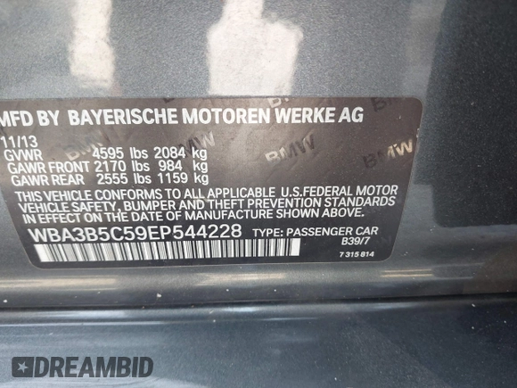 2014 BMW 3 Series 328i xDrive with VIN WBA3B5C59EP544228, listed as a IAAI auction lot 42738694 with 99,963 mi miles and . Bid and sale history available at DreamBid. Image 9.
